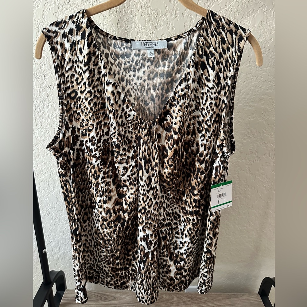 Kasper Leopard Print V-Neck Sleeveless Tank Top - Brown, Black, Cream